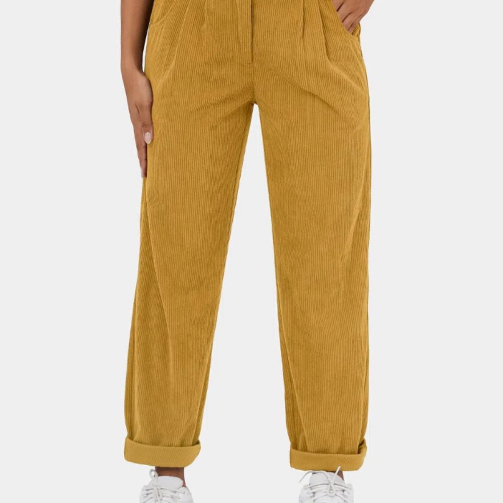 HALARA Mid Rise Button Zipper Side Pocket Corduroy Casual Pants - yellow S